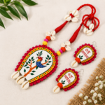 Hand-painted handmade jewellery set featuring a colorful folk art pendant, matching earrings, cowrie shells, and traditional Indian artisan craftsmanship.